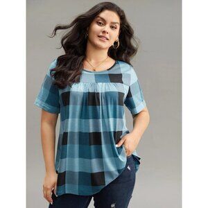 NWT BloomChic Plaid Round Neck Gathered T-shirt Size 28/5X